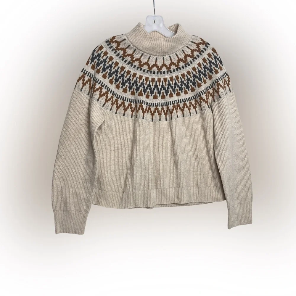 J. Crew Mock Neck Fair Isle Sweater Womens Lamb's Wool Blend Neutral Lodge